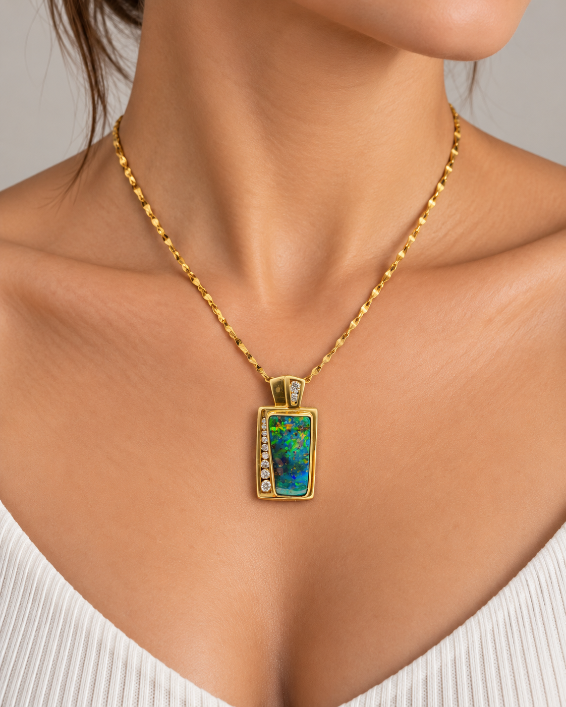 The Earthy Rainbow – 18K Gold Queensland Boulder Opal & Diamond Pendant