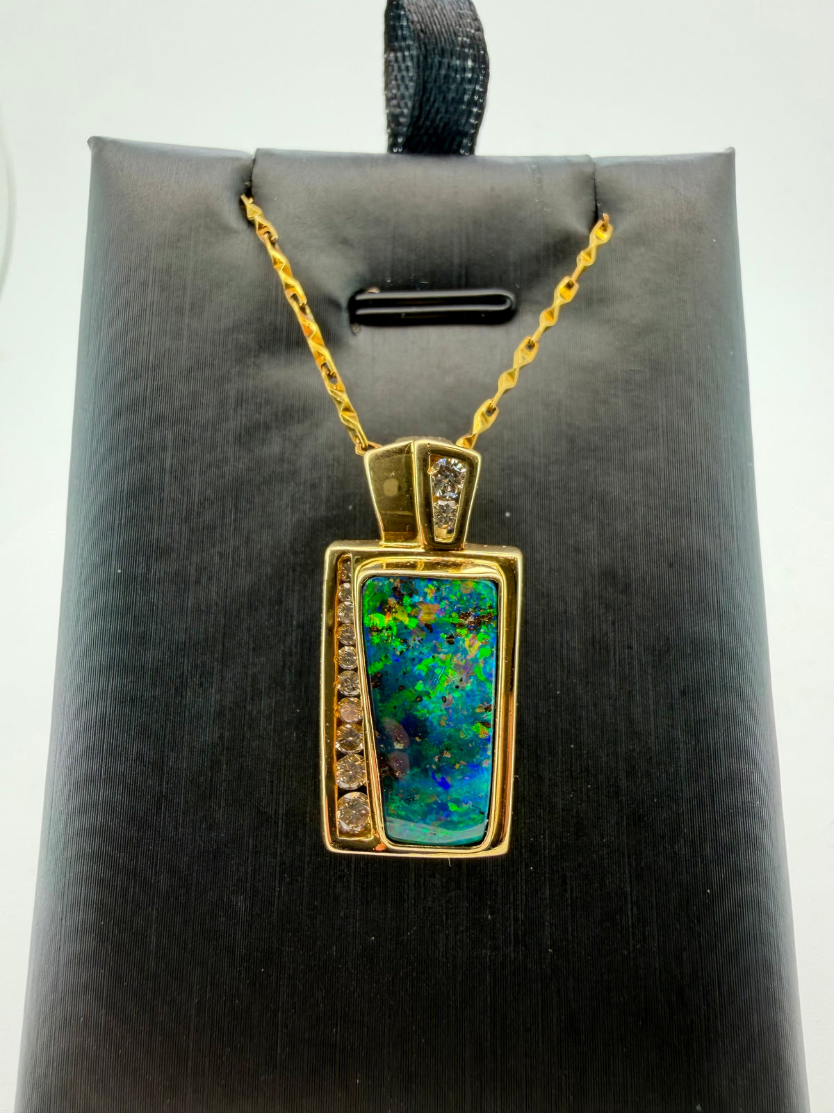 The Earthy Rainbow – 18K Gold Queensland Boulder Opal & Diamond Pendant