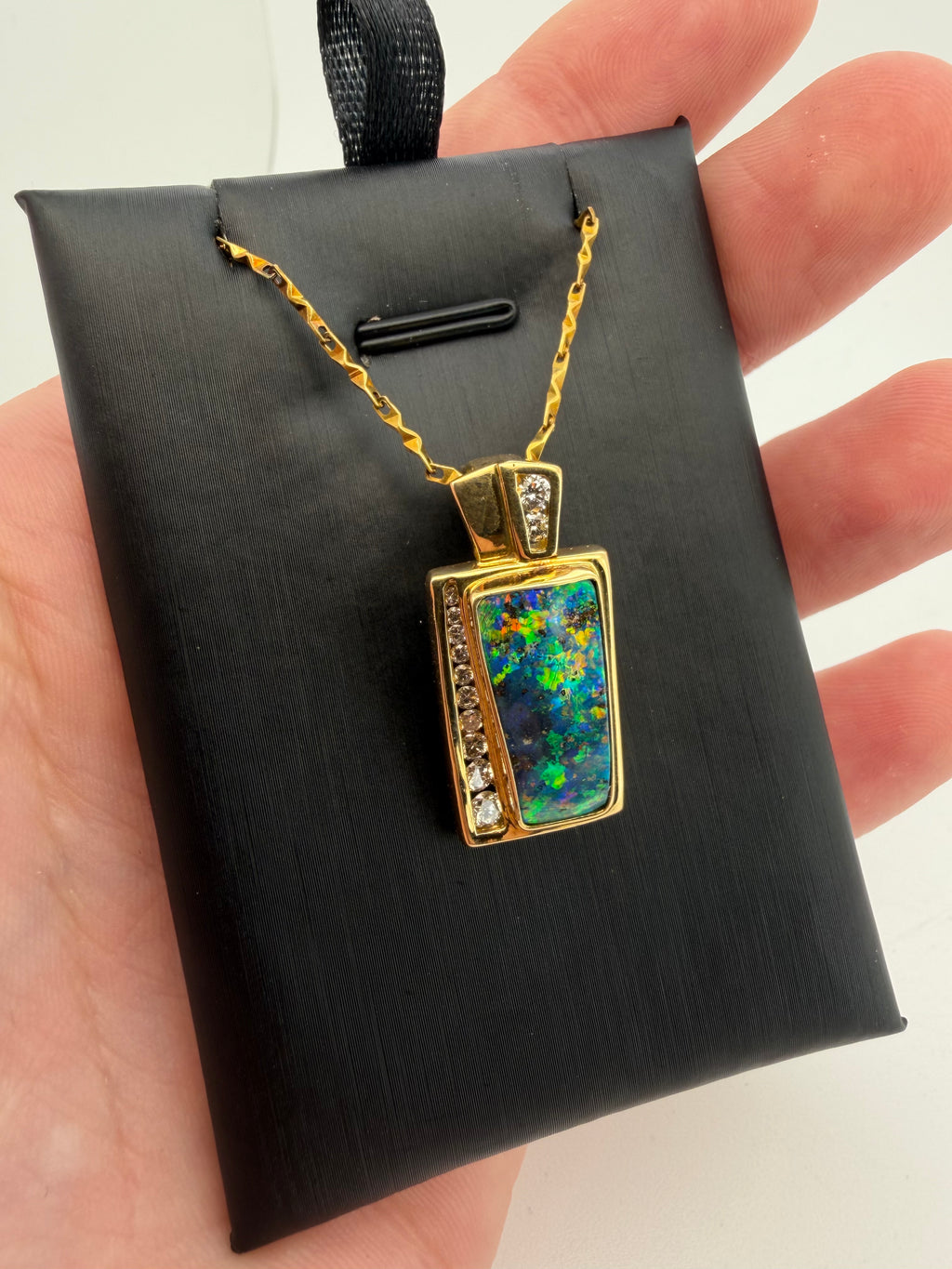 The Earthy Rainbow – 18K Gold Queensland Boulder Opal & Diamond Pendant